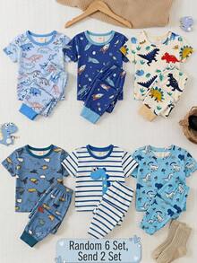 SHEIN 4pcs Young Boy Knit Snug Fit Loungewear Set, Loose Casual Cute Dinosaur Pattern, Suitable For Summer - Multicolor - View 5
