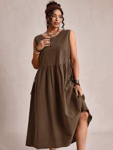 Freevana Plus Size Women Solid Color Round Neck Casual Boho Sleeveless Dress Vacation Brown Summer - Coffee Brown - View 4