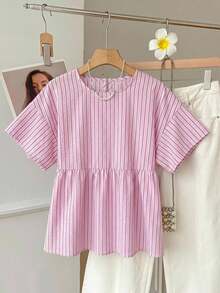 SHEIN EZwear 夏季多巴胺粉色條紋編織女款襯衫上衣，適合日常通勤、約會、聚會、秋冬/夏季、聖誕節、新年、感恩節、派對、婚禮、海灘、畢業典禮、時尚、優雅、休閒、通勤、亮面、情人節、優雅、度假、畢業典禮及其他場合 - 粉色 - 查看 6