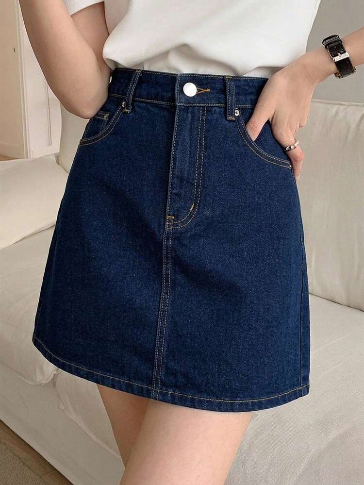 Women's High Waist Pocket Casual Versatile Denim Skorts Holiday Navy Blue Summer Holiday