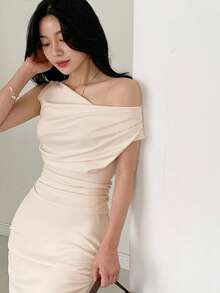 DAZY Women's Cowl Neck Wrap Skirt Mermaid Skirt 2pcs Set - Beige - View 6