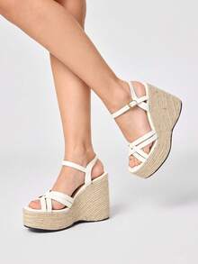ROMWE Fairycore 2026 Fashion High Heel Platform Open Toe Shoes Women's Round Toe Wedge Heel Party Sexy Dinner Women's Sandals - White - View 3
