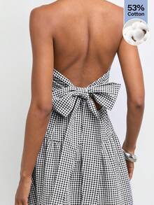 Maija Women's Plaid Waist Pleated Deep V-Neck Halter Long Dress,Going Out Outfits - Black and White - View 3
