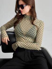 Ontre 女款多色綠波點圖案舒適高彈力面料修身版型假領常規肩長袖半透明網紗底層四季百搭現代都市時尚商務休閒辦公穿搭低調老錢風優雅高端通勤高品質機場穿搭女上衣 - 綠色 - 查看 3