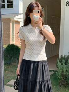 DAZY 女款圓領波點前綁帶短袖T恤 夏季可愛上衣 - 白色 - 查看 6
