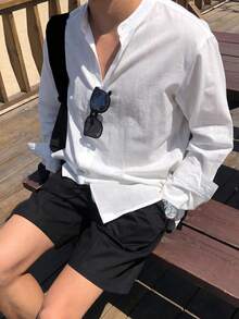 DAZY Men's White Henley Neck Long Sleeve Shirt - White - View 4