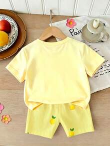 Souflis Souflis (Random 4 Sets,Send 1 Set)Girls Cute Fresh Lemon Strawberry Cherry Pattern Basic Short T-Shirt And Cycling Pants Set, Atmospheric Outfit - Multicolor - View 2