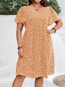 EMERY ROSE Vestido de vacaciones de verano con mangas con volantes y estampado floral pequeño para mujer de talla grande - Naranja Coral - View 6