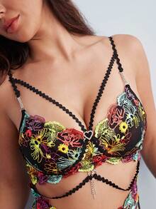 Elorette Elegant Retro Colorful Embroidery Backless Mesh Ruffle Hem Sexy Women Lingerie Jumpsuit - Black - View 6