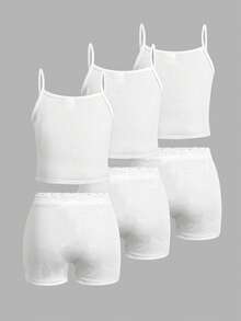 SHEIN Young Girls Random: 8 Pcs 6 Pcs Send Casual Minimalist Slim Fit Camisole Top & Shorts Set Suitable For Summer 6-Piece Set RANDOM 4 SETS Send 3 Set - White - View 4