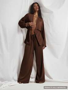 MUSERA Tie Waist Flowy Wide Leg Satin Trouser Coord Trouser Only Cute Holiday Sexy Night Out Vacation Spring Summer Elegant Soleil Drape - Chocolate Brown - View 1