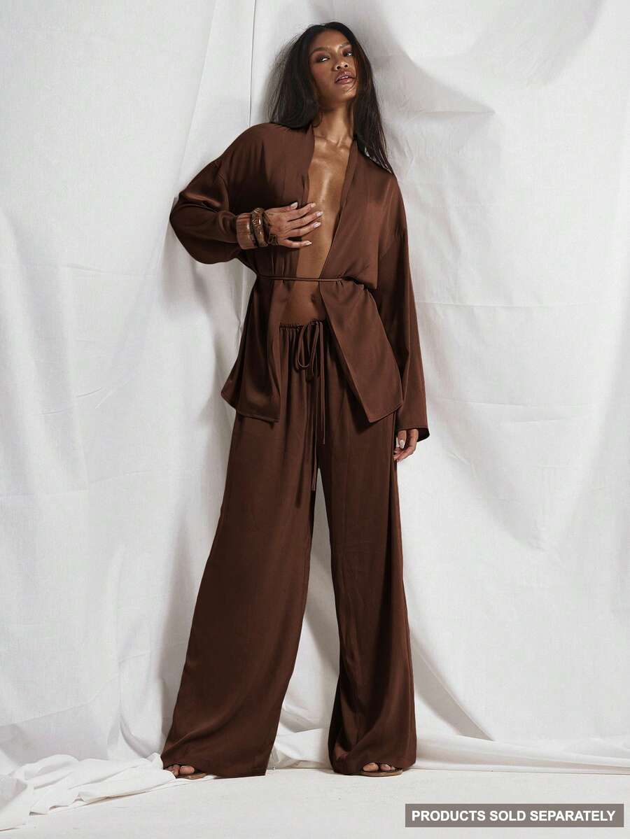 MUSERA Tie Waist Flowy Wide Leg Satin Trouser Coord Trouser Only Cute Holiday Sexy Night Out Vacation Spring Summer Elegant Soleil Drape - Chocolate Brown - View 1