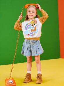 LOONEY TUNES X SHEIN Young Girl Cute Rabbit Ear Design Graphic Sweatshirt, Cartoon Adorable Casual Style, Suitable For Spring Autumn Winter - Camel - View 5