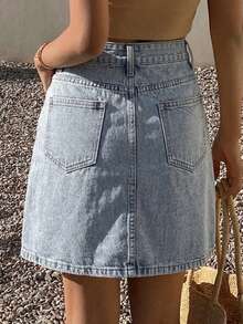 DAZY Women's Casual Solid Color Washed Pocket White Straight Denim Skirt, Spring/Summer - Light Wash - View 2