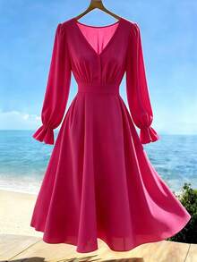 Rometta French Elegant Solid Color V-Neck Long Sleeve A-Line Dress - Hot Pink - View 3
