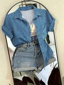 EMERY ROSE Striped Pocket Casual Vacation Front Button Short Sleeve Shirt - Dusty Blue - View 5