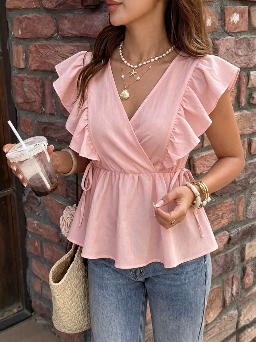 SHEIN PariChic Women's Sweet Ruffled V-Neck Sleeveless Smock Top With Tie, Short Blouse, Spring/Summer - Baby Pink - View 1