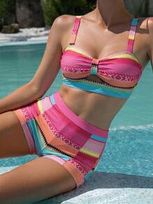 Swim Lushoire 女款夏季海灘條紋性感時尚比基尼兩件式泳衣套裝 - 玫紅色 - 查看 3