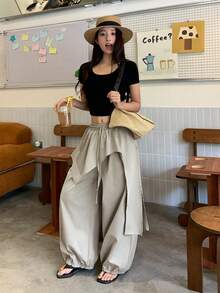 DAZY Damen-Rock mit elastischem Bund und Kordelzug, locker geschnitten, Patchwork, urban, lässig, dezent, Downtown-Stil, für Urlaub in Thailand, Grau, Herbst, Laternenhose, süße Oberteile - Grau - Übersicht 6