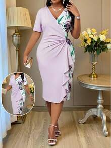 SHEIN Lady Lavender Floral Summer Elegant Wedding Guest Cocktail Formal Evening Retro V Neck Rhinestone Ruffle Slim Plus Size Dress, Prom Party - Multicolor - View 4