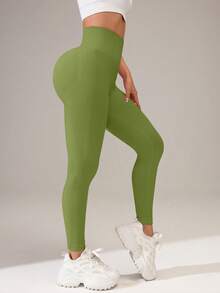 SHEIN Sports Sport Studio 女款高腰無縫修身緊身褲，彈性柔軟親膚、透氣四向彈力，適合跑步、騎行、瑜伽、匹克球、運動與休閒穿著 - 橄欖綠 - 查看 5