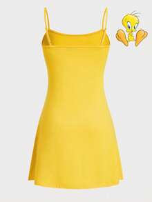 LOONEY TUNES X SHEIN Women's Yellow Cute Tweety Cartoon Graphic Cami Sleep Dress, Summer - Yellow - View 2