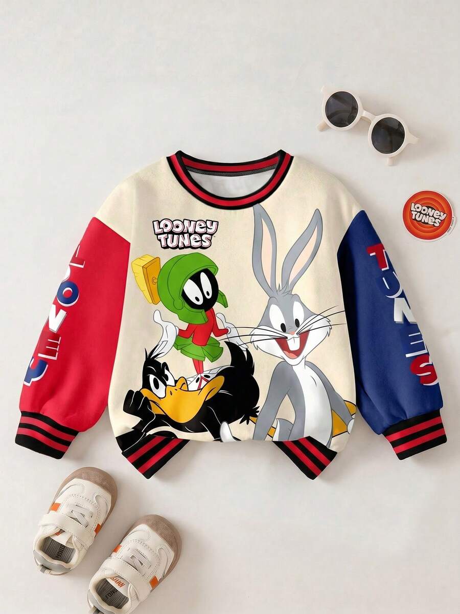 LOONEY TUNES X SHEIN 男婴休闲日常通勤时尚街头卡通字母印花撞色落肩宽松抓绒保暖圆领卫衣,秋冬季 - 白色 - 查看 1