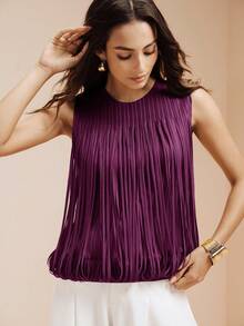 Arave Women's Summer Round Neck Sleeveless Solid Color Pleated Tassel Fashion Top Night Out Plum Purple Elegant - Burgundy - View 4