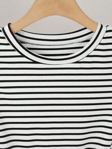 SHEIN Franclia Fashionable Women's Mid-Length Dress, Knitted Striped And Woven Solid Color Fabric, Ruffle Hemline. Sleeveless, Casual French, Elegant Brunch Summer - Multicolor - View 4