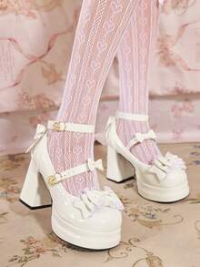 Dola Lovely 女款白色高跟瑪麗珍鞋 圓頭厚底 Lolita 哥德風 蝴蝶結甜美 JK 鞋 - 白色簡約皮面 - 查看 4