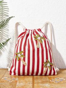 SHECARRY Mochila con cordón de cuentas de árbol de coco a rayas rojas y blancas, bolsillo con cierre de viento para vacaciones de verano en la playa, mochila casual y ligera - Multicolor - Ver 5