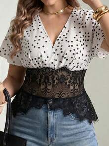 SHEIN Privé 2026 Spring/Summer Women's Plus Size Polka Dot Cinched Waist Lace Asymmetrical Hem Blouse, Elegant French Style Date Wedding Guest Blouse - Multicolor - View 4