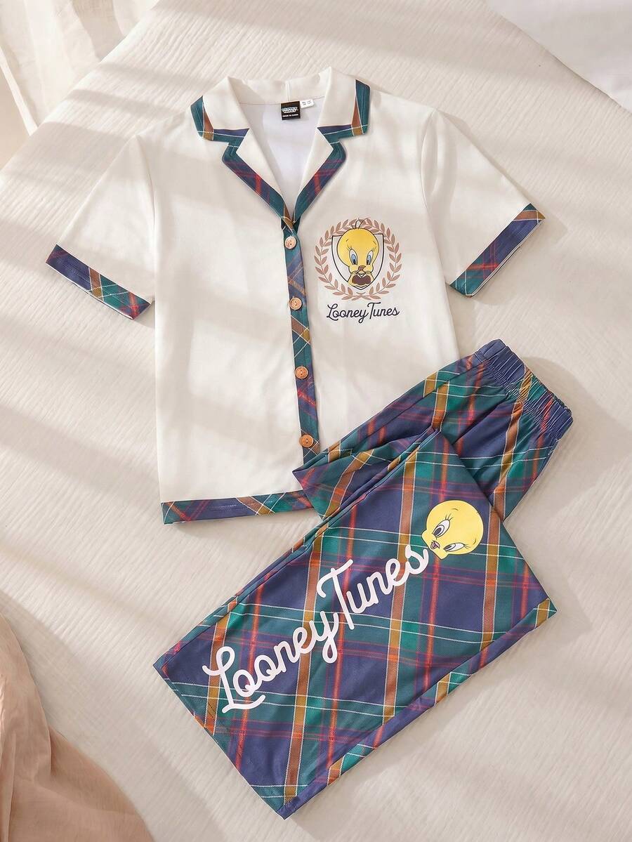 LOONEY TUNES X SHEIN Tween Girl Cartoon Tweety Print Cozy Casual Button Up Top & Plaid Pants 2 Pieces Loungewear Pajamas Set - Olive Green - View 1