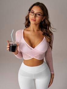 SHEIN Sovereign Charm Women's Solid Color Criss-Cross Design Long Sleeve Cropped Sports T-Shirt - Pink - View 6