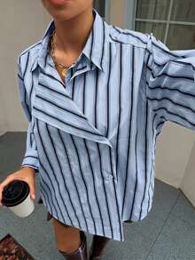 DAZY 女士休闲宽松条纹二合一衬衫 - 淺藍色 - 查看 6
