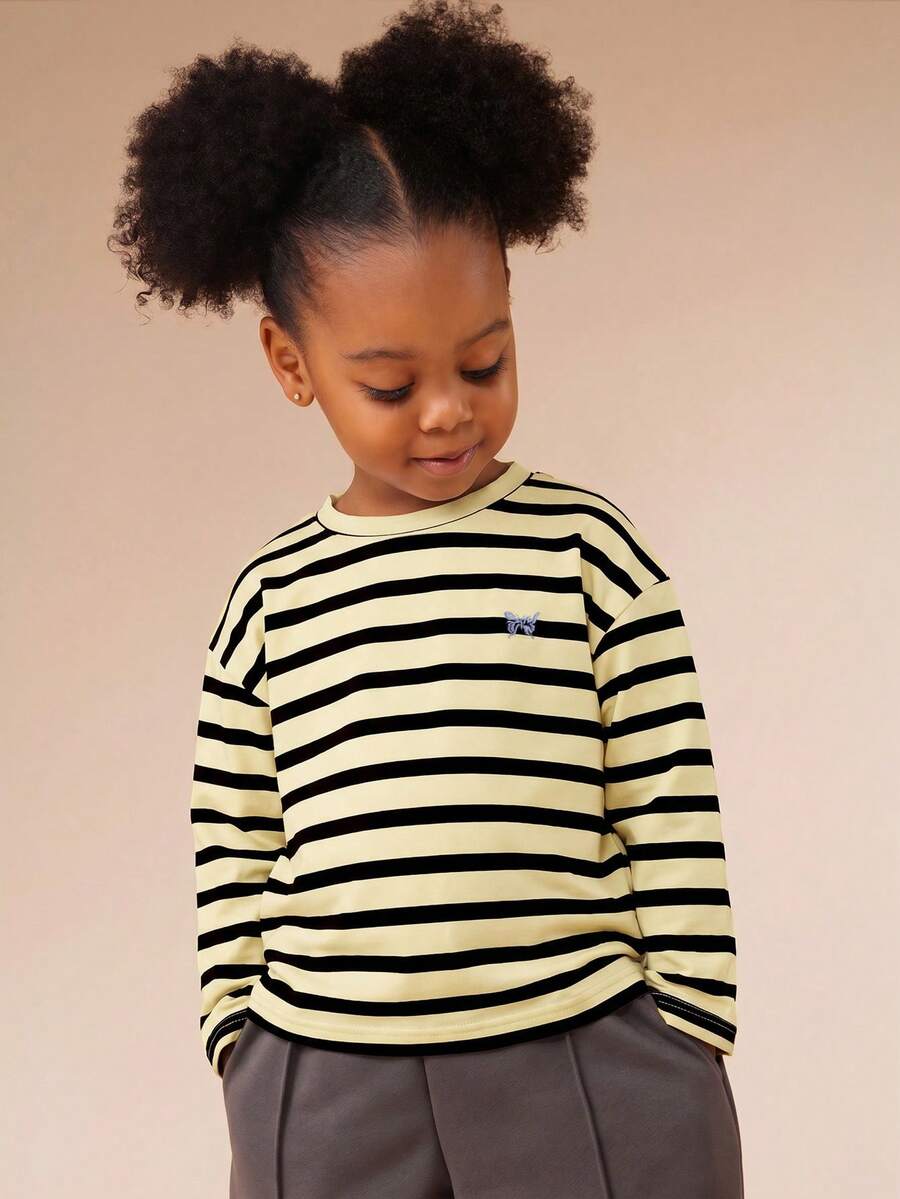 SUMWON Oversized Striped Long Sleeve Shirt Horizontal Stripes Casual Round Neck Relaxed Fit Spring Fall Everyday Comfort Top - Yellow - View 1