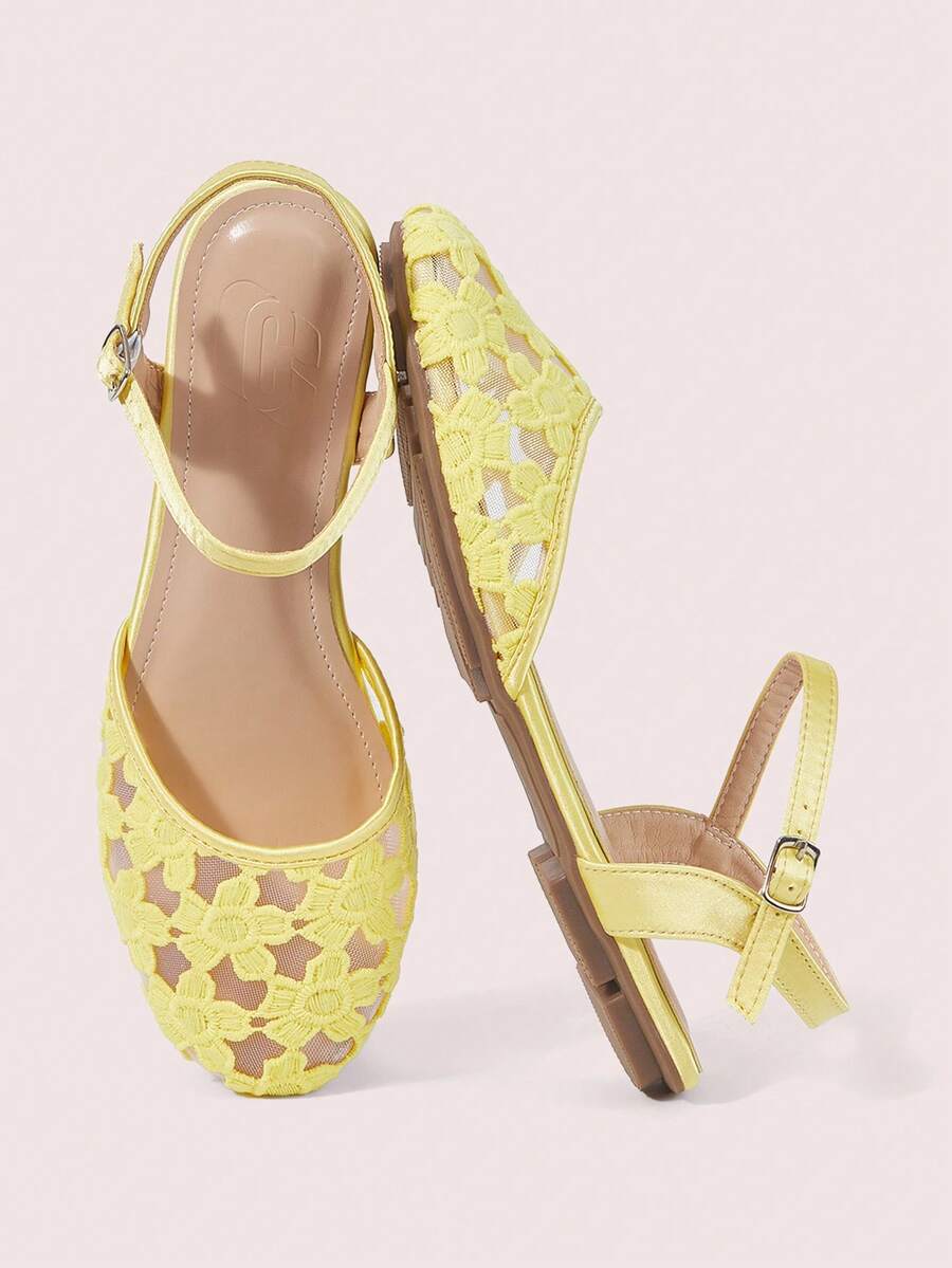 CUCCOO DOLLMOD Women's Shoes, Lace Mesh Upper, Round Toe, Flats, Mary Jane, Heel Sandals, Sweet, Cute And Comfortable In Summer - Flower yellow - View 1