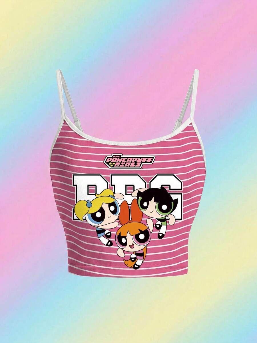 THE POWERPUFF GIRLS X SHEIN 女士休闲日常通勤趣味卡通条纹印花修身露脐吊带背心,夏季 - 白色 - 查看 1