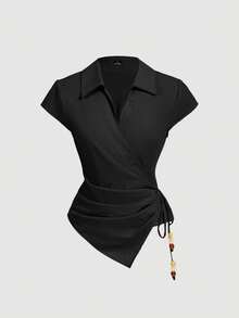 SHEIN MOD 女款素色百褶休閒百搭日常旅行襯衫 - 黑色 - 查看 3