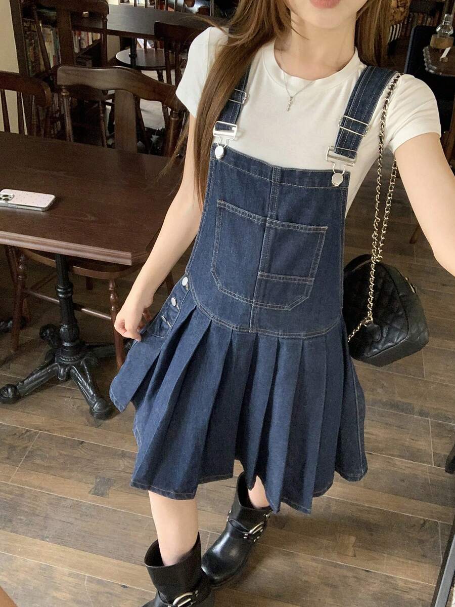 DAZY 女款休閒度假風百褶牛仔吊帶裙,可愛學院風上衣 - 藍色 - 查看 1