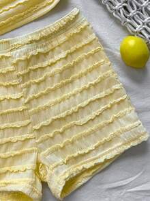 SHEIN 青少年女孩夏季棕色系紋理針織布料休閒熱帶海灘度假抽褶掛脖上衣與短褲2件套 - 黃色 - 查看 6