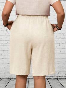 EMERY ROSE Plus Size Casual Solid Color Drawstring Waist Shorts, Summer Spring Country Style For Beach - White - View 2