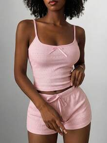 Livesso 2pcs/Set Pakaian Santai Musim Panas Wanita: Atasan Tank Top Camisole Tanpa Lengan Warna Polos dengan Tekstur Kain dan Celana Pendek - Berwarna merah muda - View 5