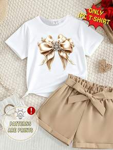 (Random 3 Pieces,Send 1 Piece)Girls Toddler Fresh Simple Cute Beige Gold Bow & Diamond Pattern Print Basic Short T-Shirt Summer Daily Outfit - Red - View 3