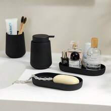 3 PiecesBathroom Accessory Set, Soap Dispenser, Toothbrush Holder, Tray, Modern Minimalist Decor For Bathroom Countertop Organization - Black - View 5