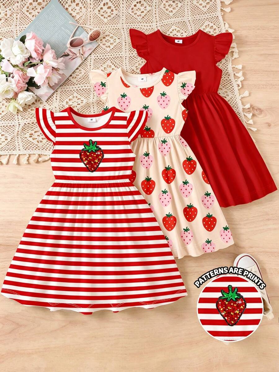 SHEIN Elladie kids 3件套甜美可爱草莓装饰条纹半身裙,草莓印花搭配纯色喇叭袖连衣裙,休闲度假装扮,适合夏季穿着 - 彩色 - 查看 1