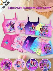 Young Girl Letter Cartoon Print Cami Top And Shorts Casual Daily Home Pajama Set - Multicolor - View 1