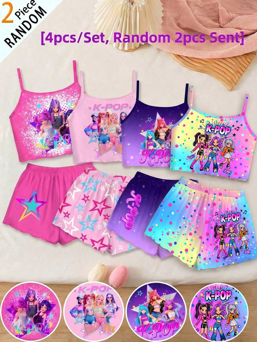 Young Girl Letter Cartoon Print Cami Top And Shorts Casual Daily Home Pajama Set - Multicolor - View 1