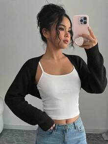 SHEIN 青少年女孩V領開襟毛衣，極簡時尚休閒日常秋冬女童服飾 - 黑色 - 查看 2