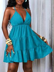 BamGleam Vestido de unicolor con lazo, espalda descubierta y cuello halter con capas - Agua verde azul - Ver 3